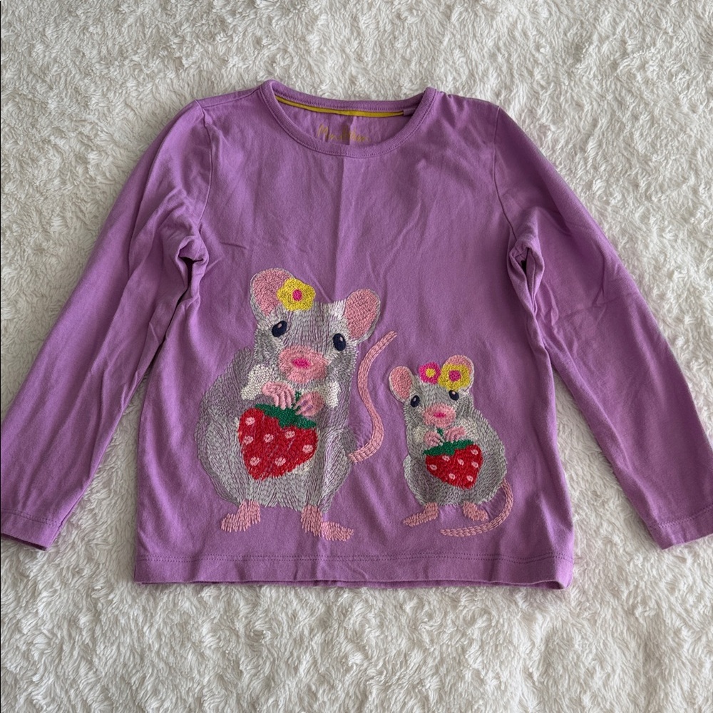Mini Boden Girls Size 6/7 Purple Long Sleeve Tee with Mouse Strawberry Design